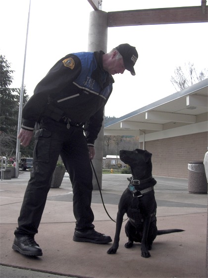 State Trooper Ron Ayers lets bomb-sniffing dog Jack snoop around the entrance to Snoqualmie Middle School. Two K9 teams checked out the school Wednesday
