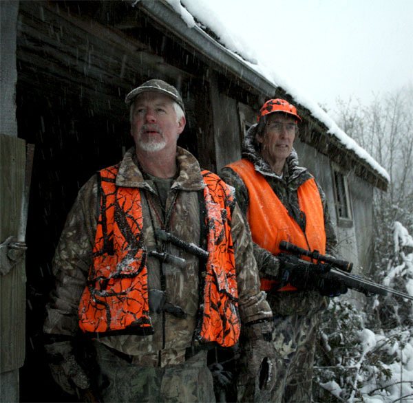 Master hunters David Wyrick and Steve Perry eye surroundings from the Scott farm near the Snoqualmie River’s Three Forks. Wyrick