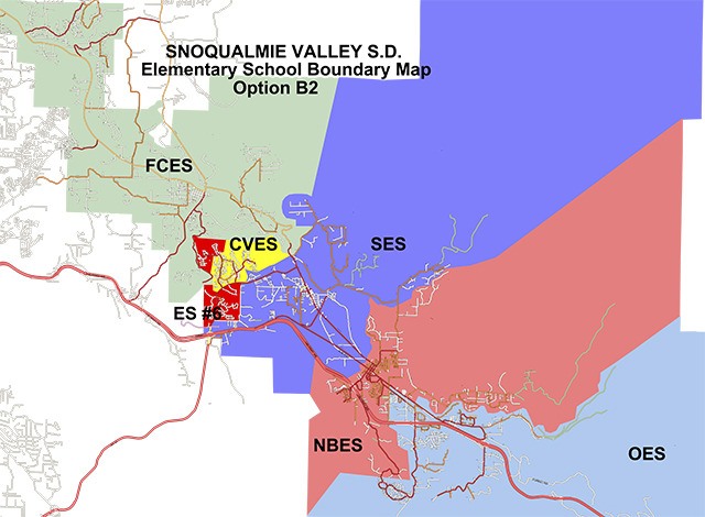 Option B2 proposes to change elementary school attendance boundaries in Snoqualmie Valley School District