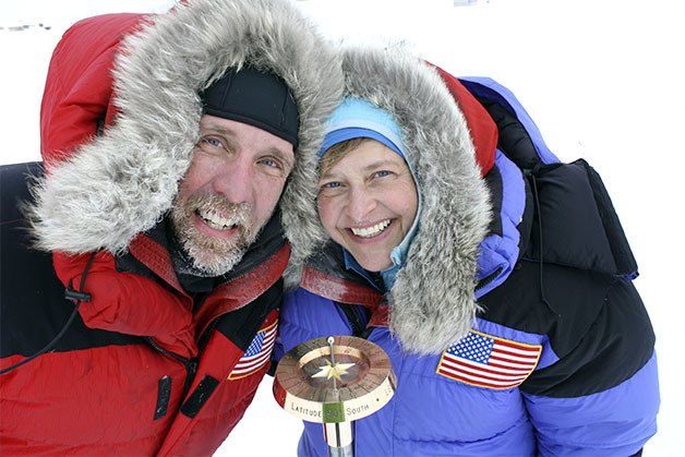 Chris and Marty Fagan at the south pole marker in January.