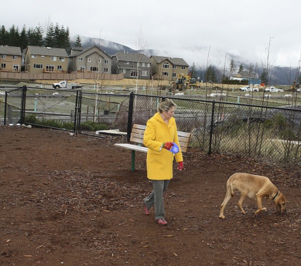Workers take a lunch break from lot development at Eagle Point as resident Mary Beth Emert walks her bloodhound