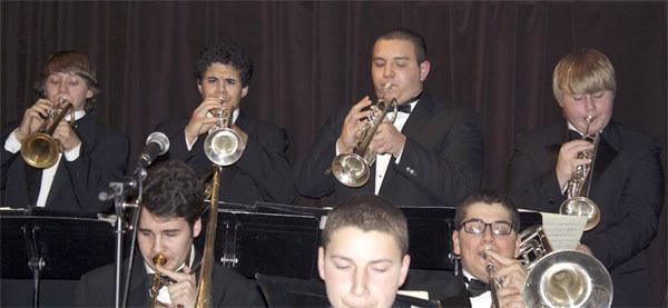 Mount Si Jazz I members performing at Boxley’s in April: standing - Aaron Tevis