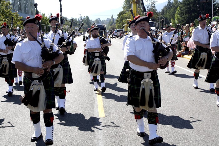 The Clan Gordon Pipe Band marches in the Railroad Days parade; they're scheduled to return