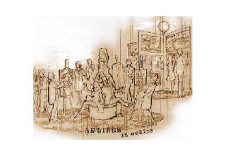 This sketch by artist Richard Burhans shows artists in action at The Arts in Festival Hall and its “Toulouse Lautrec Cafe