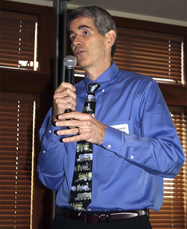 Snoqualmie Matt Larson discusses the more promising financial picture of the city during Friday's chamber lunch at the Ridge TPC.