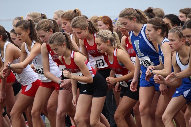 Mount Si varsity girls runners get ready to start their race at the district championships