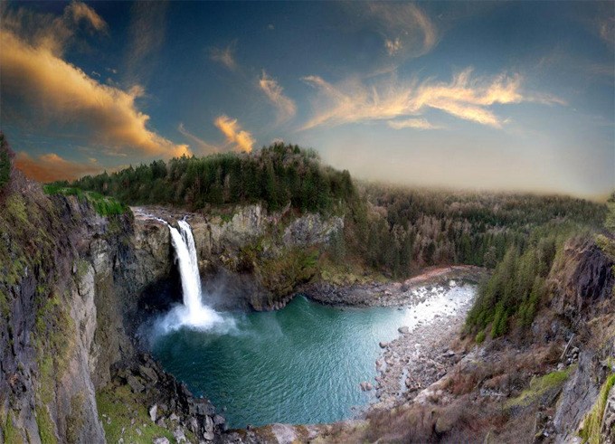 Snoqualmie resident Dan Nutt compiled multiple views of Snoqualmie Falls to create this panorama of iconic Snoqualmie Falls. The artwork had its genesis in a present for his wife.