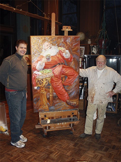 Snoqualmie artist Richard Burhans and Snoqualmie Ridge business owner Steve Pennington survey a new holiday canvas created specially for Pennington’s shop. Burhans and other Snoqualmie Valley ARTS members are partnering with local businesses for a brighter