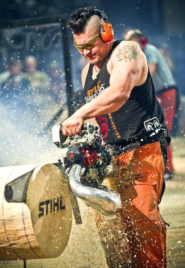 Snoqualmie’s David Moses fires up his custom hot saw during the Stihl Series. See Moses and other competitive timber athletes in action at Railroad Days