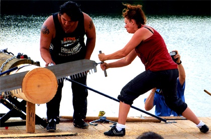 Competitive lumberjack Annette Moses competes in Minnesota on the crosscut saw. The Snoqualmie resident picked up major rankings in the sport in recent weeks.