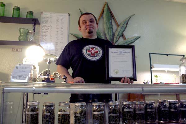 Above a display case containing dozens of jars of marijuana buds and sample specimens
