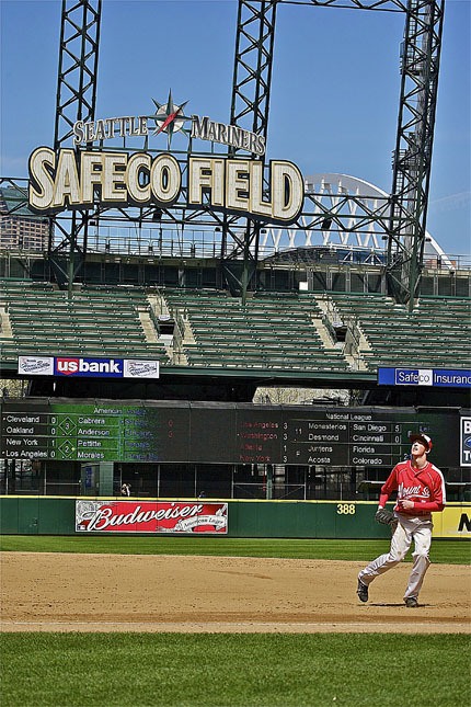 Mount Si’s Cooper Helm eyes the skies at Seattle’s Safeco Field during a Saturday