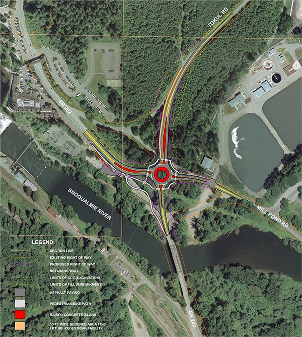 The roundabout project proposes to improve safety at the Tokul and Mill Pond Road intersections.