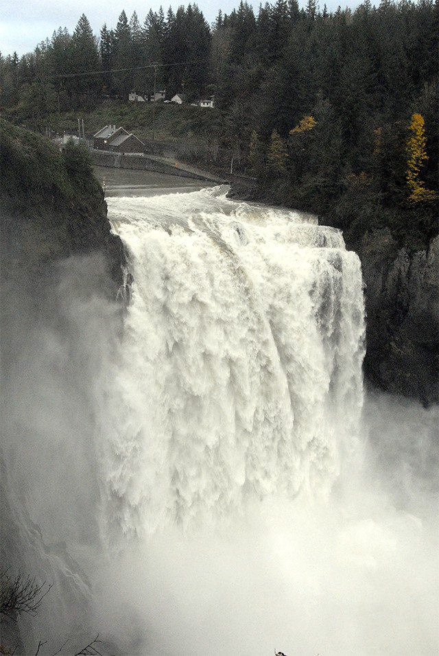 Monday morning revealed a still-raging Snoqualmie Falls after a weekend of heavy rains