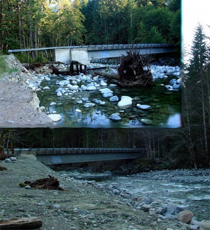 The Taylor River Bridge in the Snoquamie River’s Middle Fork watershed was badly damaged in flooding last year (inset). Workers have since repaired and reopened the crossing.