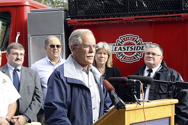 Peter Goldmark announces his request for a $24 million budget increase at a press conference at Eastside Fire and Rescue in Issaquah.