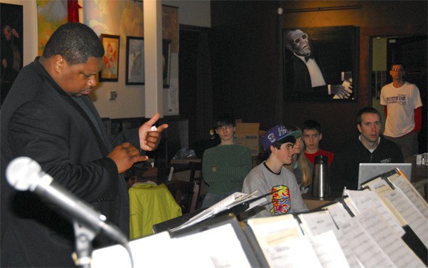 Trombonist Wycliffe Gordon leads students in learning the art of the 'greasy blues' in a jazz lesson at Boxley's Place in North Bend. Boxley's