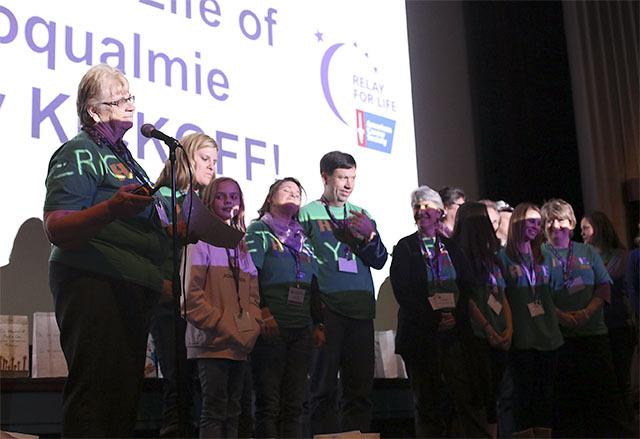 Bev Jorgensen introduces her Relay for Life collaborators and volunteers during the kick-off