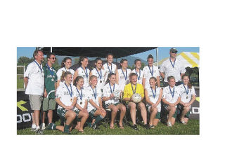 Members of the Cascade FC Extreme girls U-17 team display their trophy and newly-won first place medals