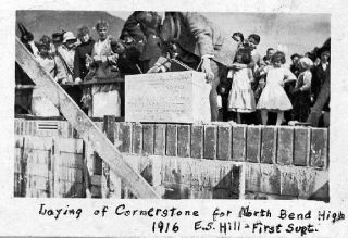 Superintendent E.S. Hill lays the cornerstone for the new North Bend High School in this 1916 photo. This picture and other historic Valley images may be purchased at www.snoqualmievalleymuseum.org by clicking on the “order photos online” link.