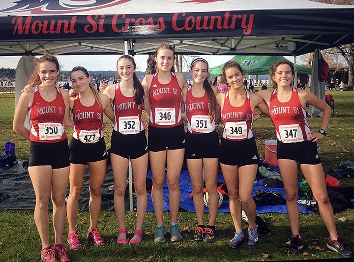 The Mount Si girls cross country team qualified for state with their second place finish overall at the KingCo Championships. From left: Quinn Van Buren