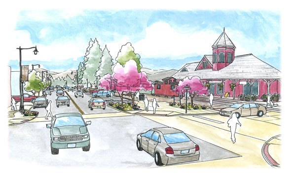 This artist’s vision shows the planned pedestrian plaza at King Street and Railroad Avenue