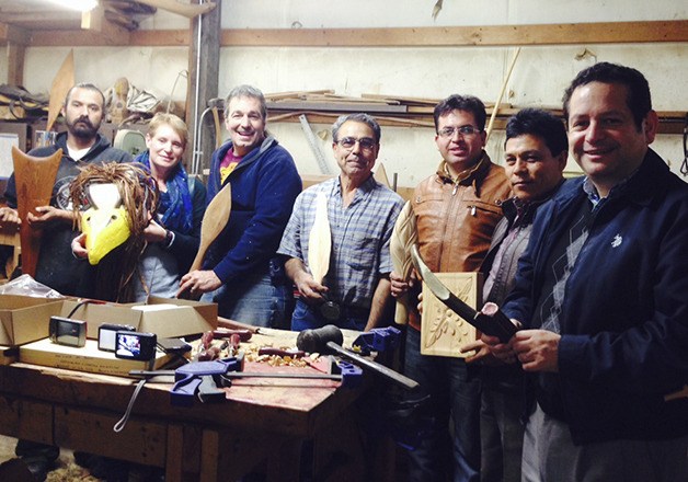 It is an international summit of master carvers: Members of the Snoqualmie Tribe’s carving and Canoe Family meet with wood carvers and sculptors from Peru this fall. From left are carver Jacob Mullen