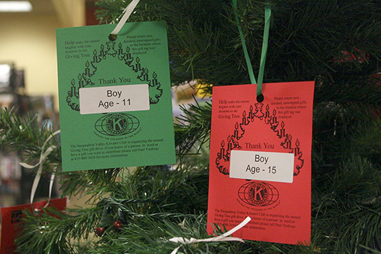 File Photo                                Red and green tags mark the holiday Giving Trees now set up in area businesses. To participate, pick a tag and buy a gift for the child described.