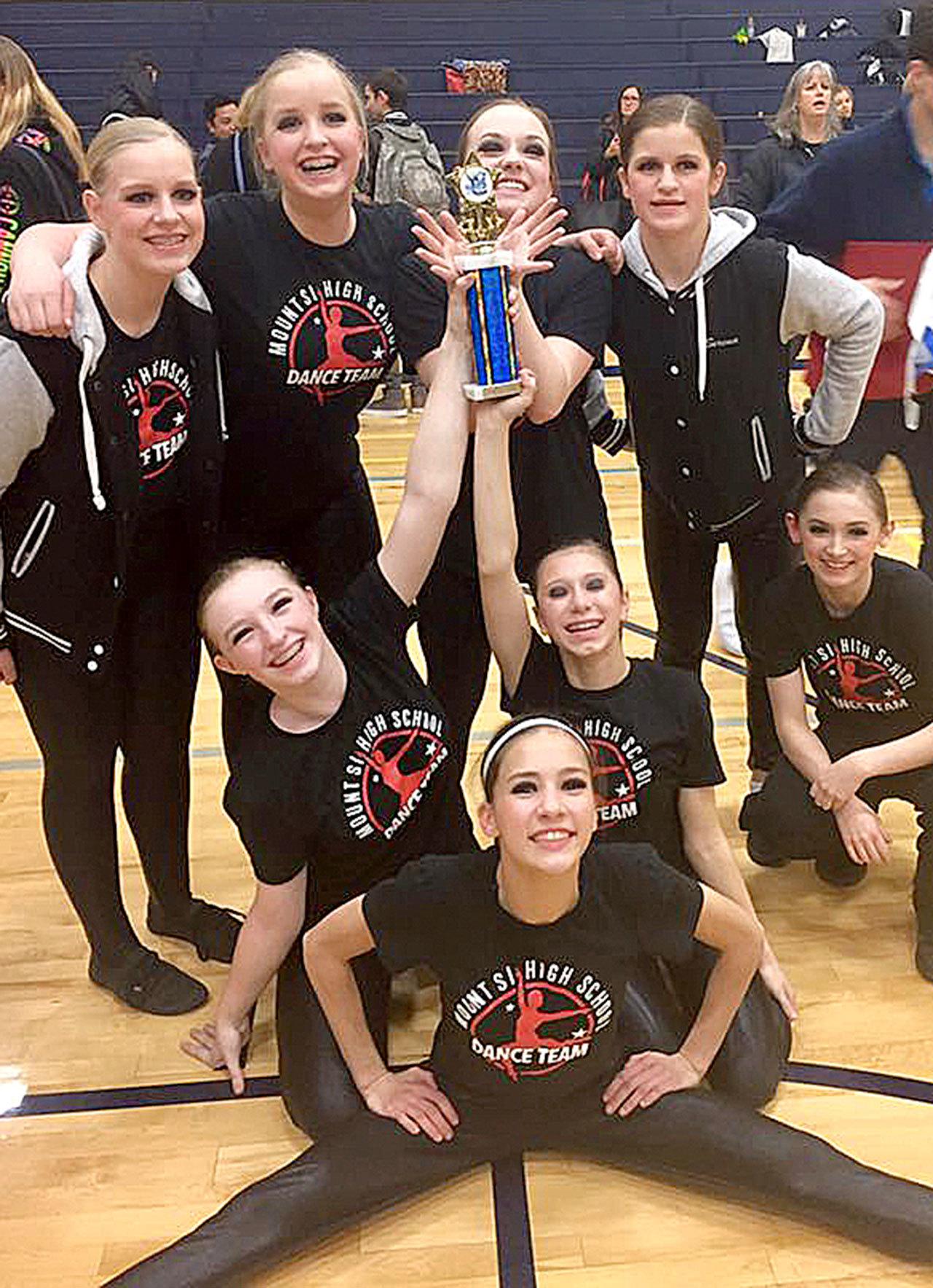 Courtesy Photo                                Mount Si High School’s dance team celebrates their second place finish in the military category at the Bellevue High School dance competition Dec. 10.
