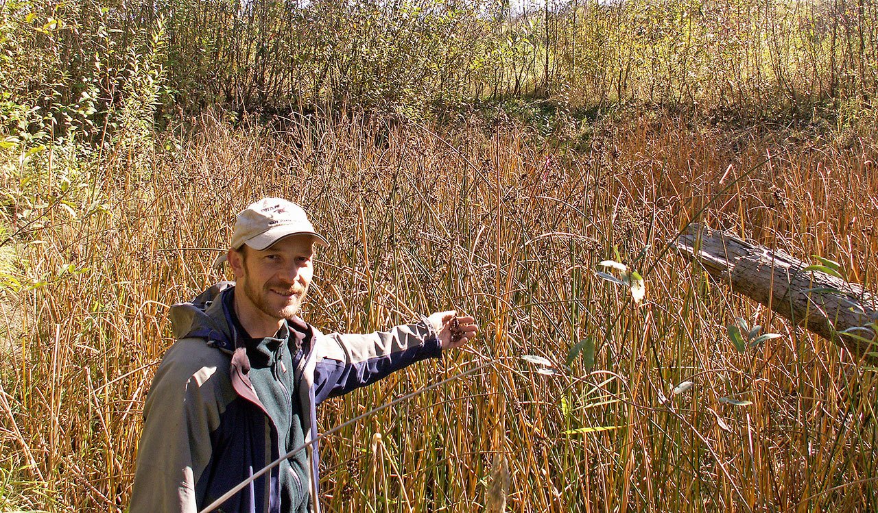 Joel Green Photo                                Matt Distler, Restoration Coordinator at Oxbow Farm, points out the bulrushes in the restored wetland on the farm.