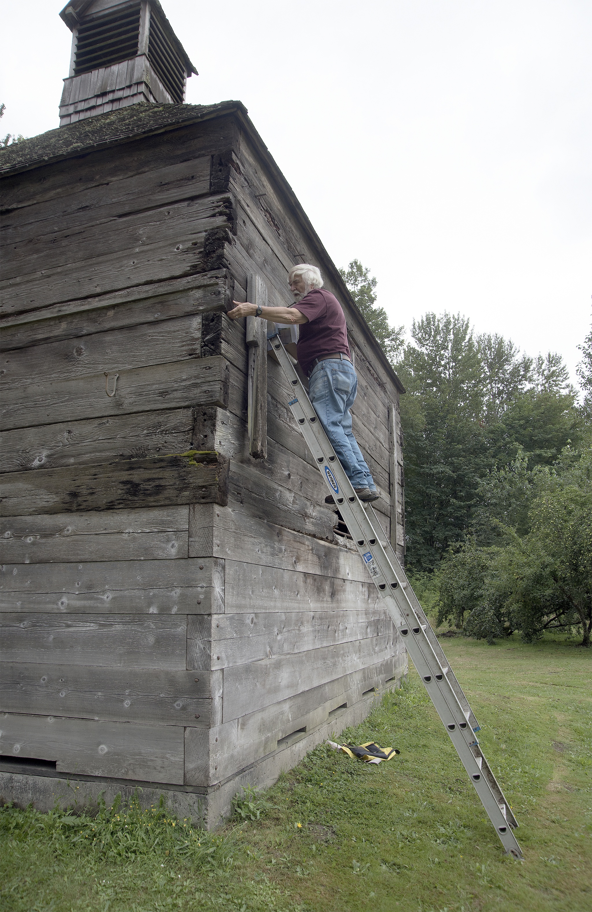 Harrison Goodall, a conservation architect, examines the planks of the Fall City hop shed in July. His work was partially funded by a grant from King County 4Culture.                                Carol Ladwig/Staff Photo