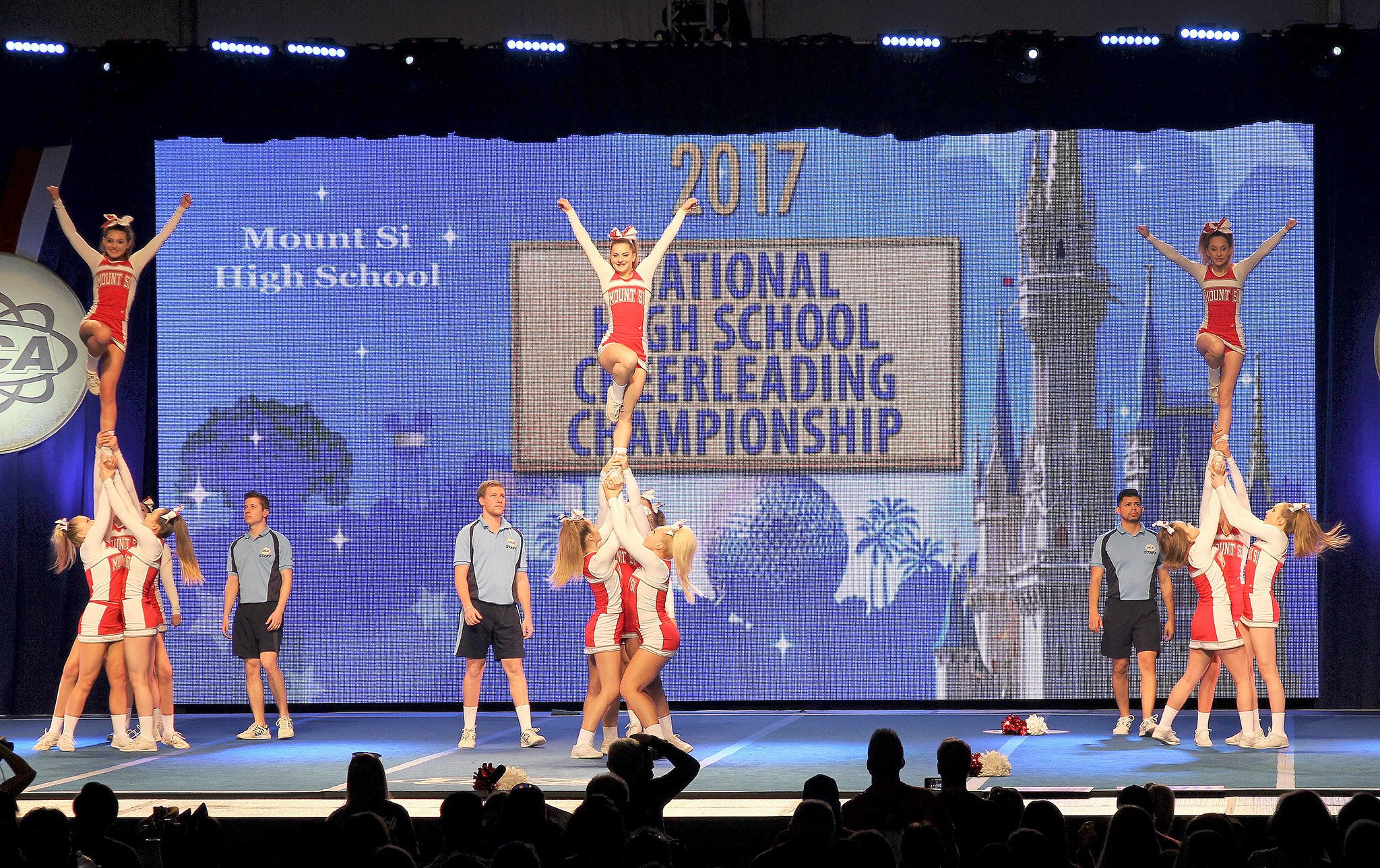 Competing at the National High School Cheerleading Competition Feb. 10 and 11, the Mount Si High School Red squad finished 8th overall. Courtesy Photo