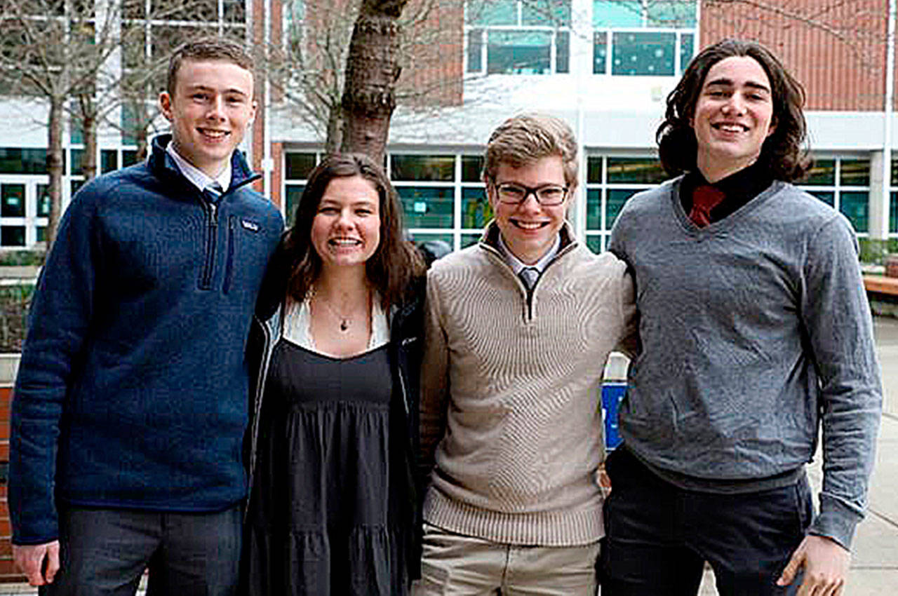 Courtesy Photo                                National Merit finalists from Eastside Catholic School include two Valley-area students. Pictured from left are Andrew Charters of Woodinville, Alexandra Galiotto of Sammamish, Paul Riddle of Snoqualmie, and Samuel Glaze of Duvall.