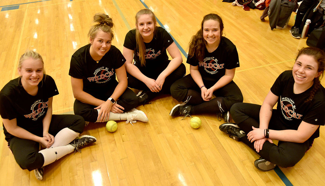 Carol Ladwig/Staff Photo                                Seniors on the Mount Si High School fastpitch softball team are from left, Kara Link, Claire Lis, Hayley Aman, Heather Hinton and Maddy Trout. The girls will practice and play their home games this season at Snoqualmie’s Centennial Fields Park.