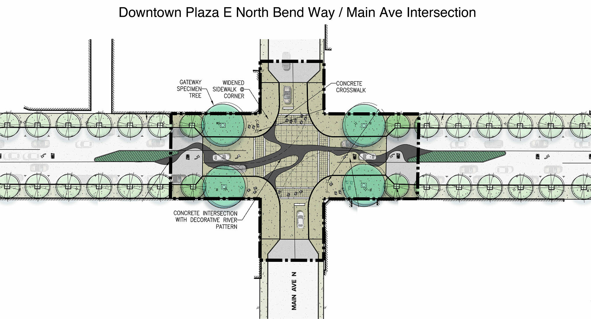 The final design for North Bend’s downtown plaza project will feature wider sidewalks, improved street furniture and a unique raised intersection, stamped with a depiction of the three forks of the Snoqualmie River.                                Courtesy image