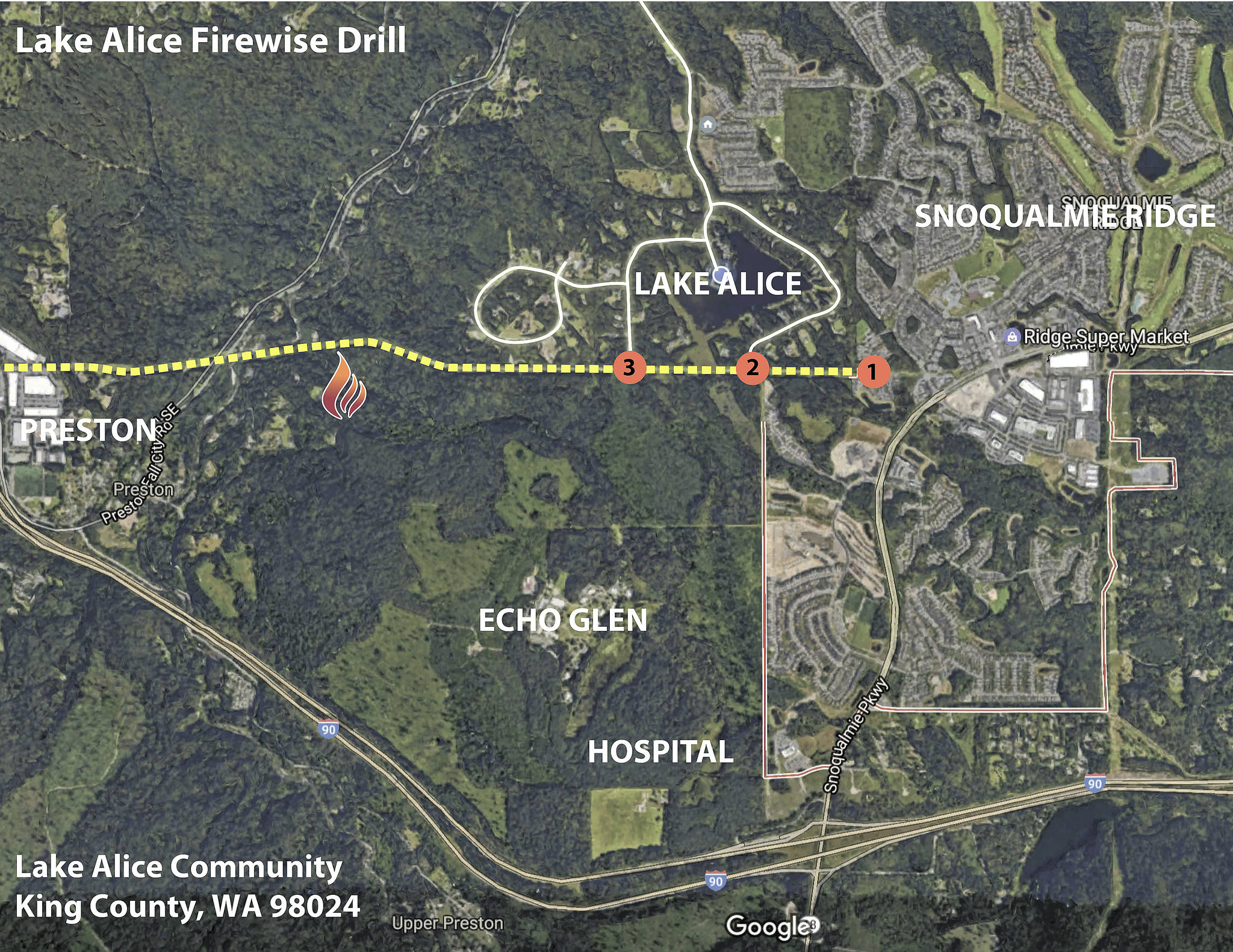 A map of the Lake Alice community’s Firewise drill showing the path of the power line access road from the Snoqualmie Ridge through to Preston. (Courtesy Photo)