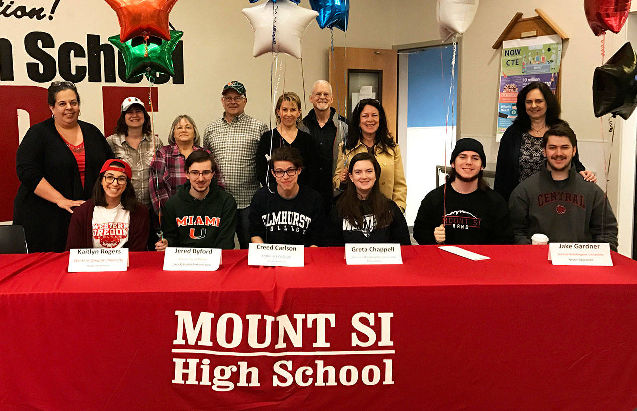 Mount Si seniors who plan to study music in college include, from left, Kaitlyn Rogers, Jered Byford, Creed Carlson, Greta Chappell, Nate Sharp and Jake Gardner.                                Photo courtesy of Calder Productions