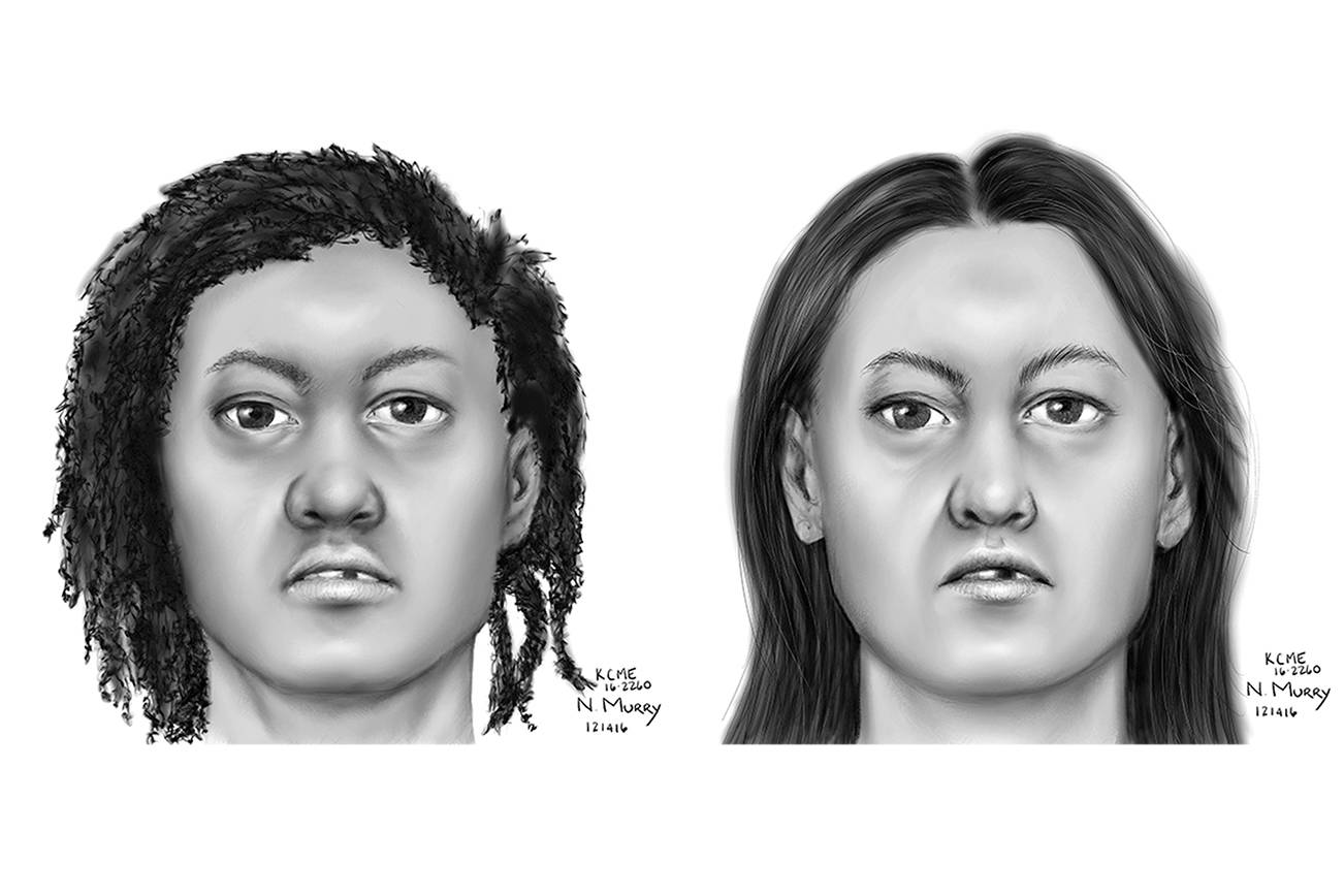 These police sketches suggest what the mixed-race woman whose remains were found last November near North Bend may have looked like when she was alive.                                Courtesy Photo
