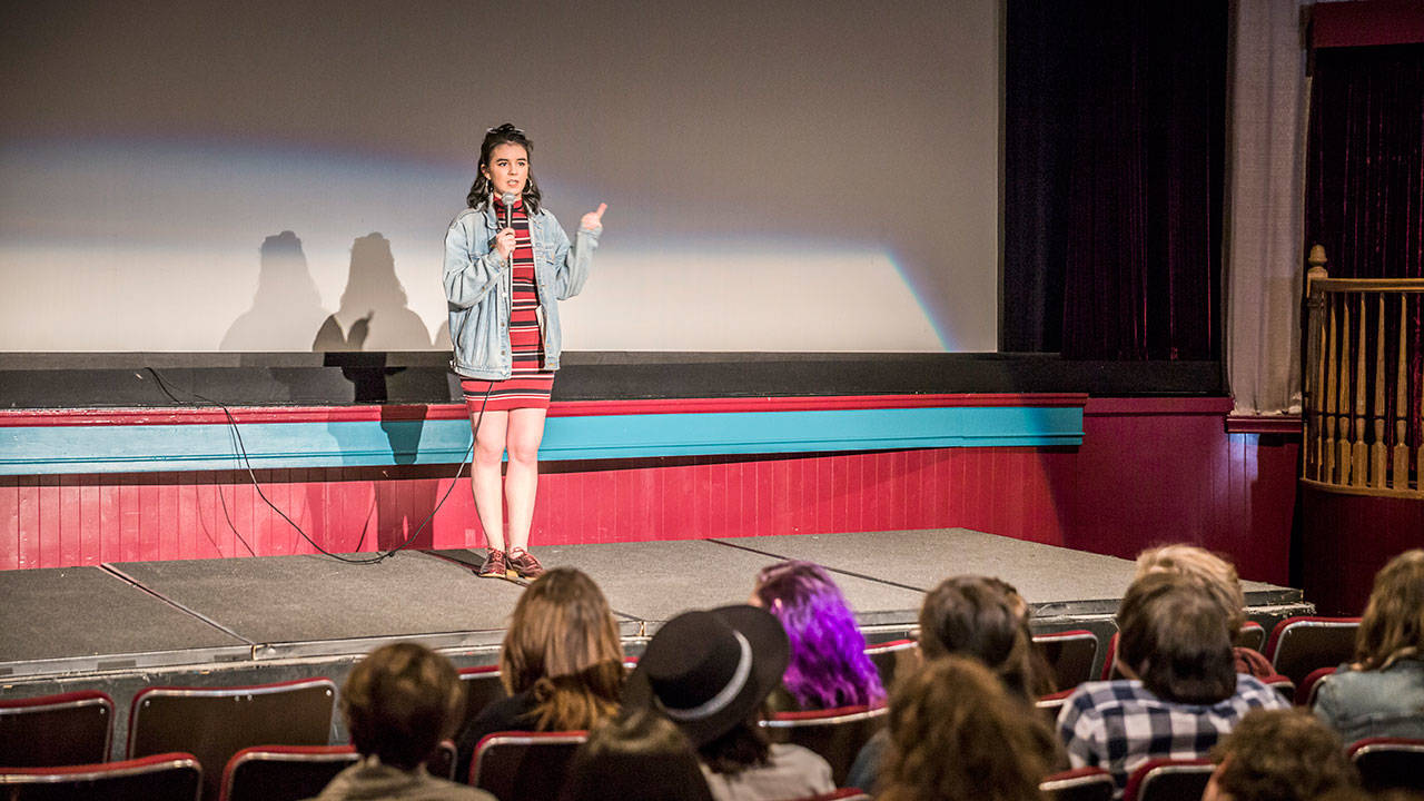 Isabella Richter de Medeiros did answered questions from the audience after the premiere of her movie at the North Bend Theater. (Courtesy Photo)
