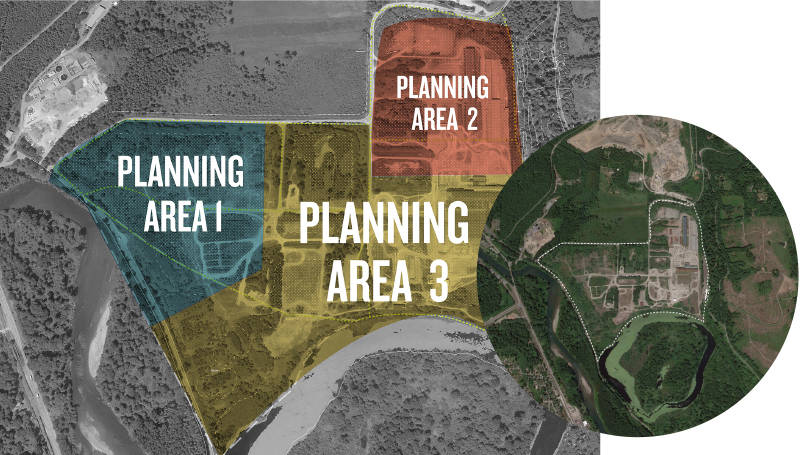A map of the three planning areas of the mill site development. Area one is planned as a mixed-use “village” with a pedestrian oriented main street. Area 2 will focus on light industrial uses and area 3 will focus on corporate uses. (Courtesy Photo)