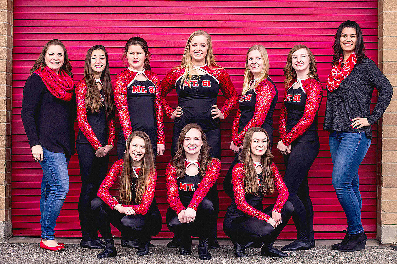 Mount Si’s dance team, pictured from left: back row - coach Jen Stokes, CJ Tse, Serena Waters, Clarissa Ricks, Camille Ostrem, Gracie Stokes, Assistant Coach Megan Maxwell; front row - Morgan Wadsworth, Emma Eubanks, Ellie Wood.                                Courtesy Photo