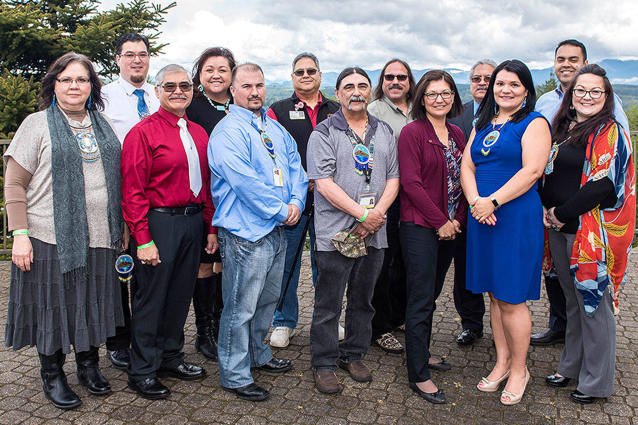 The 2017 Snoqualmie Tribal Council members, pictured from left are: Lois Sweet Dorman, Steve de los Angeles (Deputy Secretary), Bob de los Angeles, Suzanne Sailto (Treasurer), Wes Willoughby (Alternate), Andy de los Angeles (Chief), Danniel Willoughby, Nathan “Pat” Barker (Chief), Jolene Williams (Vice Chair), Richard Zambrano, Sunny Clear (Chairperson), Michael Ross, and Alisa Burley (Secretary).                                Photo courtesy of the Snoqualmie Tribe
