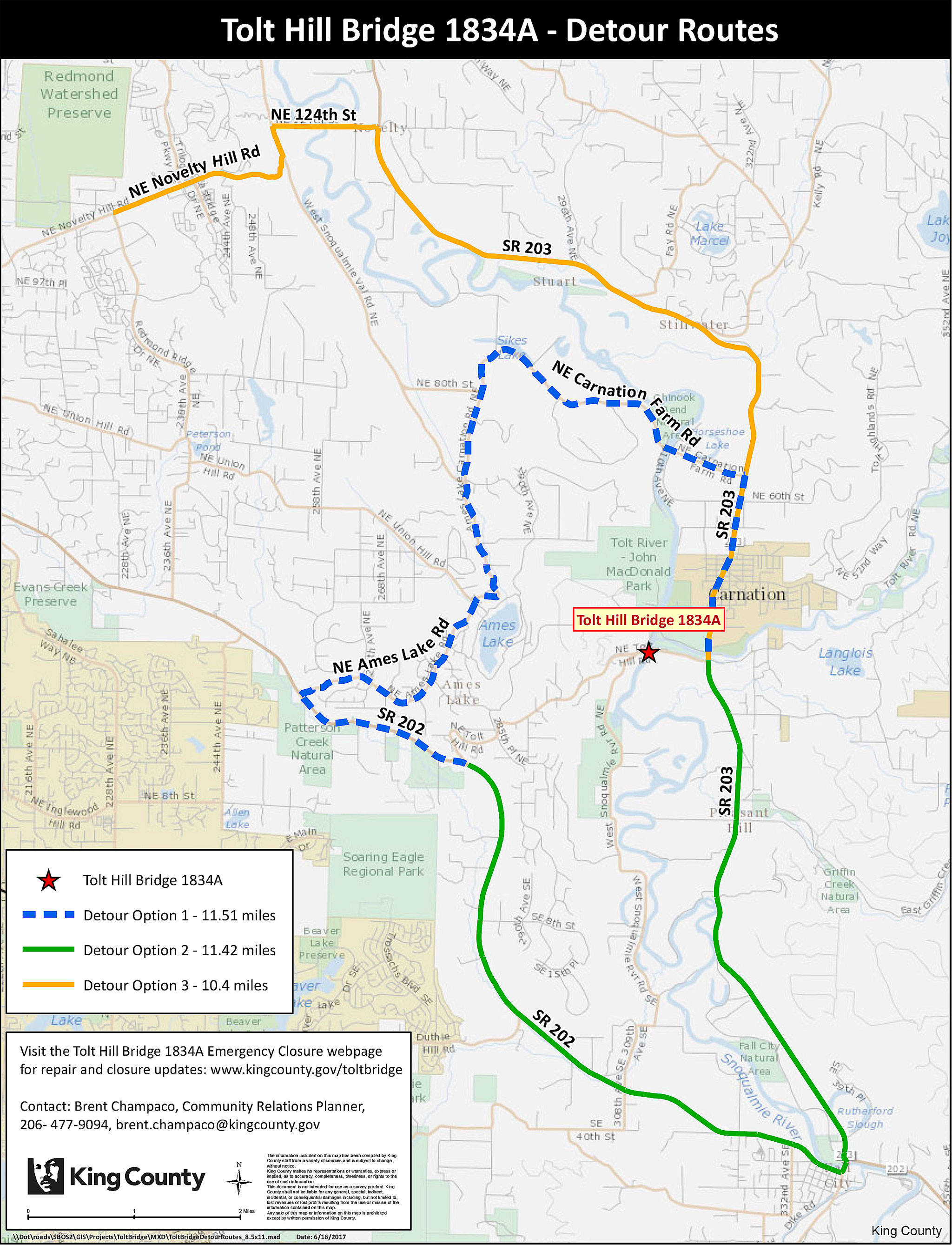 Courtesy Image                                King County has posted the following detour options for the indefinite closure of the Tolt Hill Bridge.