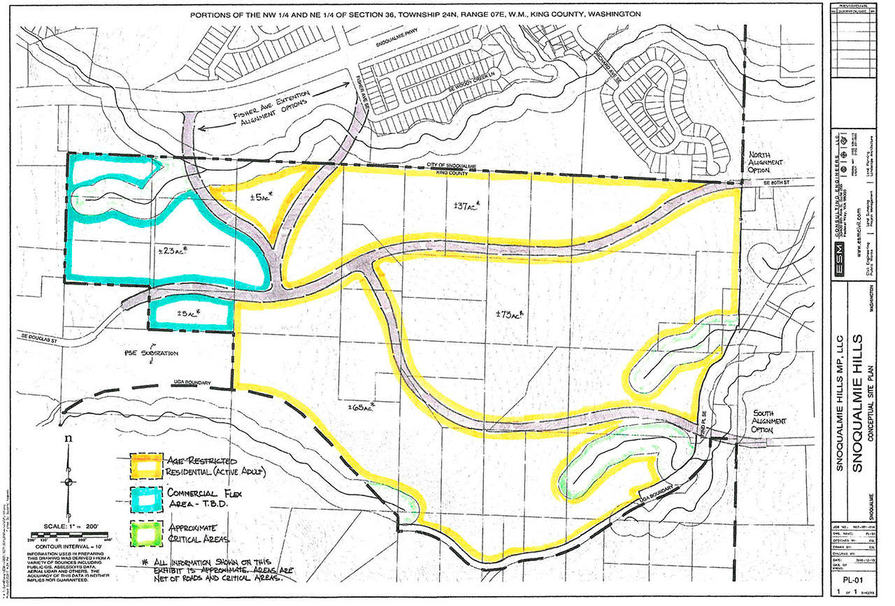 The Snoqualmie Hills West area concept has a large residential zone, outline in yellow, for residents ages 55 and older. The smaller area outlined in blue is planned to have commercial development as it borders the Snoqualmie Ridge Business Park. (Courtesy Image)