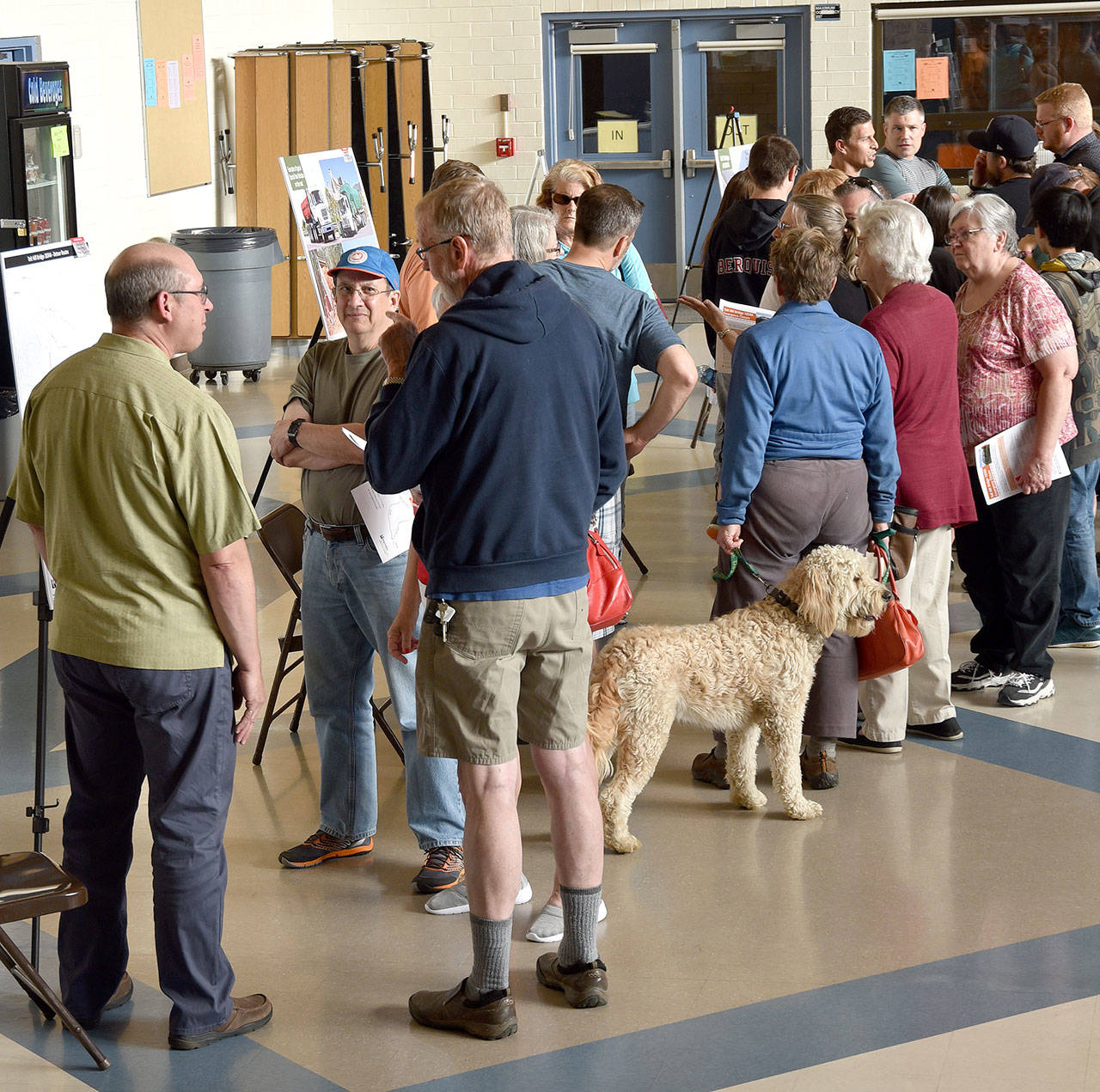 Carnation and area residents filled the Tolt Middle School commons for the meeting Wednesday on the Tolt Hill Bridge closure.                                Carol Ladwig/Staff Photo