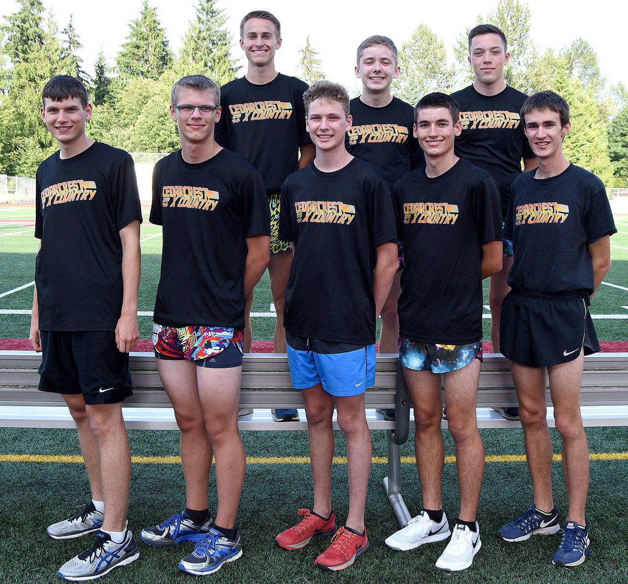 Cedarcrest runners who broke the two-hour marathon barrier last Friday in a relay race are from left: front - Ben Benson, Patrick McCabe, Emmett Klaiber, Chase Bolin, and Grant Van Valkenburg; back - Ian Fay, Daniel Murphy and Ryan LaTurner. Carol Ladwig/Staff Photo