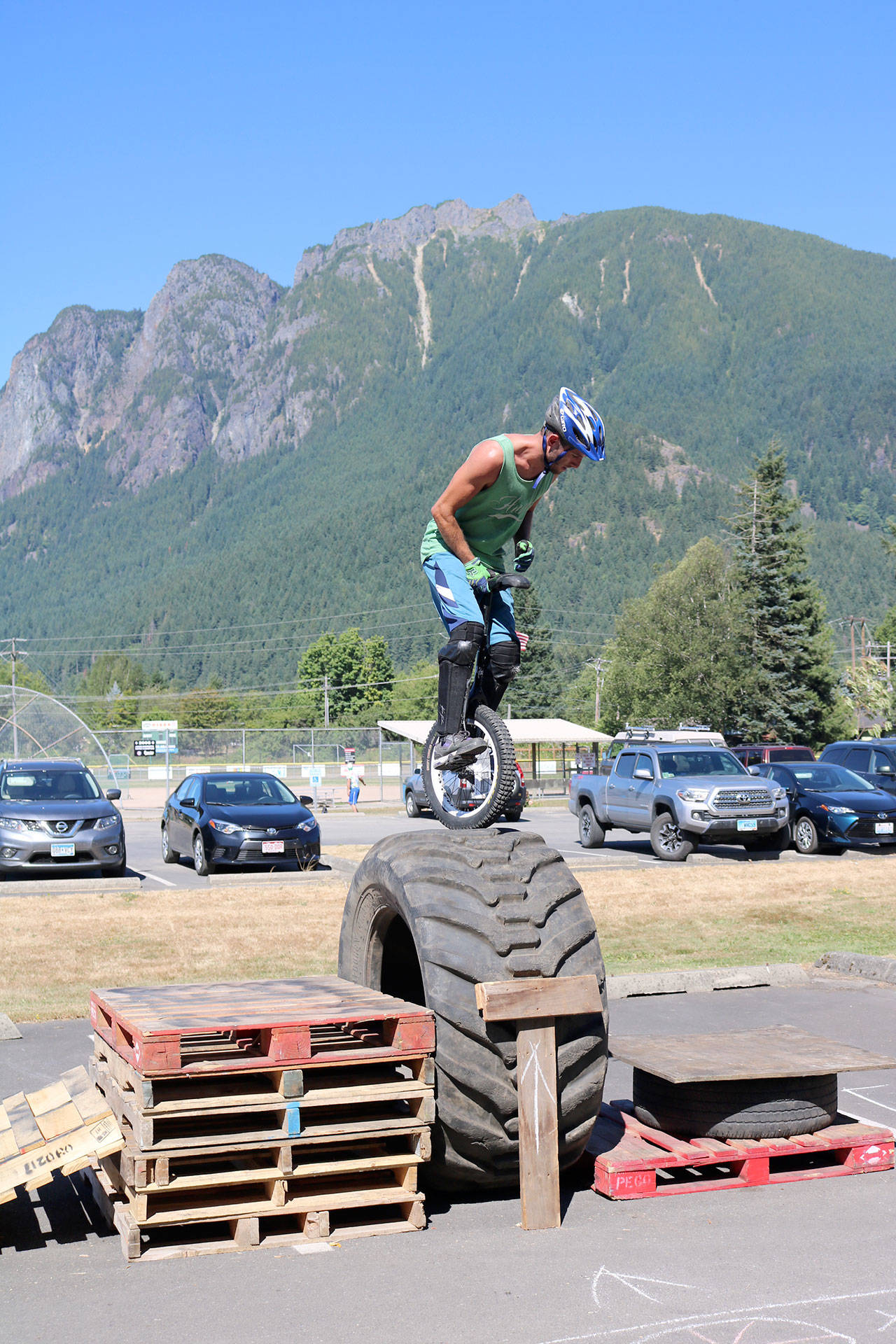 Lucas Clegg of South Dakota navigates a difficult obstacle for critical points in the unicycle trials competition. (Evan Pappas/Staff Photo)