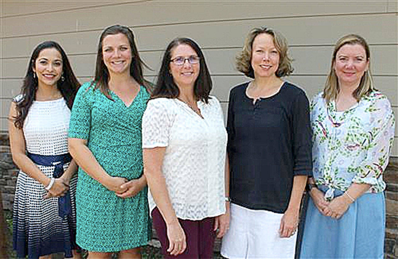 Welcome to new Snoqualmie Valley School District administrators, from left: SanaTariq (Mount Si High School Assistant Principal), Katelyn Long (Fall City Elementary Principal), Lisa Boysen (Elementary Assistant Principal), Robin Earl (Opstad Elementary/Fall City Elementary Assistant Principal), and Rhonda Schmidt (Two Rivers School Principal).                                (Courtesy Photo)