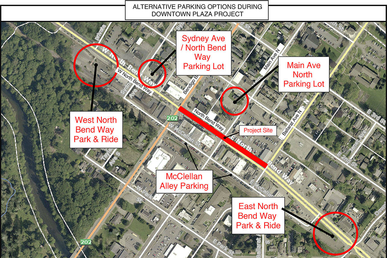 During the downtown plaza construction, alternative parking spaces are available at the Park & Rides, the gravel lot outside the Moose Lodge, in the W. McClellan Street alley by the North Bend Depot, and in the gravel lot across from City Hall on E. Second Street. (Courtesy Image)