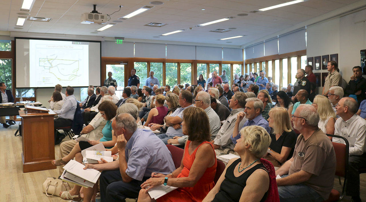 Snoqualmie City Council Chambers were packed July 24, for a presentation on a proposed annexation. With the city’s new purchase of equipment to live stream council meetings, residents will be able to attend council meetings virtually.                                (Evan Pappas/Staff Photo)